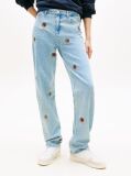 Denim Embroidery Mid Rise Slim Straight Leg Jeans  Femei