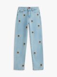 Denim Embroidery Mid Rise Slim Straight Leg Jeans  Femei