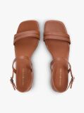 Brown Leather Contrast Topstitch Block Heel Sandals  Women