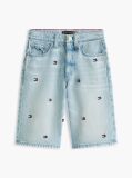Blue Pantaloni Scurti Din Denim Largi Cu Broderie In Forma De Steag   Baieti