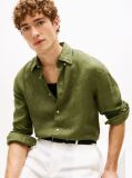 Green Regular Fit Washed Pure Linen Shirt  Men
