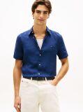 Blue Regular Fit Washed Linen Short Sleeve Shirt  Men