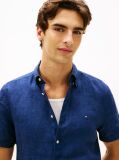 Blue Regular Fit Washed Linen Short Sleeve Shirt  Men