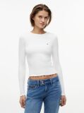 Alb T-Shirt Cu Maneca Lunga Ribbed Cu Croiala Slim  Femei