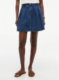 Blue Fusta Din Denim Midi Cu Talie Medie Si Pliuri  Femei