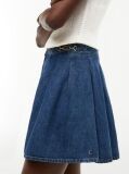 Blue Fusta Din Denim Midi Cu Talie Medie Si Pliuri  Femei