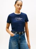 Blue Tricou Cu Guler Rotund Si Broderie Logo  Femei