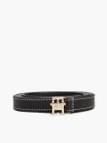 Black Leather TH Monogram Plaque Buckle Belt  Women