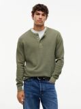 Green Washed Waffle Knit Henley Long Sleeve T-Shirt  Men