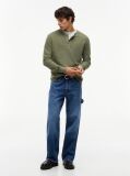 Green Washed Waffle Knit Henley Long Sleeve T-Shirt  Men