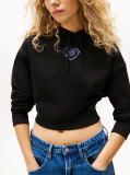 Negru Hoody Relaxat Cropped Cu Grafica  Femei