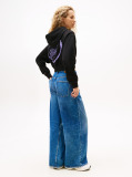 Negru Hoody Relaxat Cropped Cu Grafica  Femei