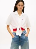 White Relaxed Fit Linen Blend Tie Front Shirt  Women