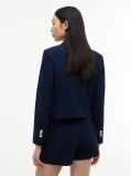 Blue Blazer Scurt Cu Croiala Normala Si Nasturi Aurii  Femei
