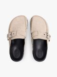 Beige Textured Suede Buckle Mules  Women