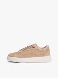 Beige Leather Metallic Logo Court Trainers  Women