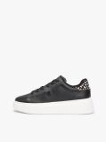Negru Snow Leopard Heel Sneakers Cu Platforma Din Piele   Femei