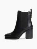 Black Leather Square Toe Block Heel Chelsea Boots  Women