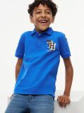 Blue Polo Pique Cu Croiala Regular Si Logo  Baieti