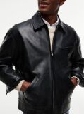 Black Textured Leather Relaxed Zip-Thru Jacket  Men
