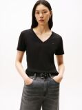 Negru Tricou Slim Fit Tricotat Cu Guler In V  Femei