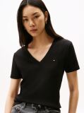 Negru Tricou Slim Fit Tricotat Cu Guler In V  Femei