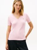 Roz Tricou Slim Fit Tricotat Cu Guler In V  Femei