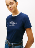 Blue Tricou Cu Guler Rotund Si Broderie Logo  Femei