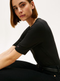 Negru Bluza Cu Maneci Scurte Ribbed  Femei