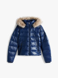 Blue Shiny Water Repellent Down Hooded Jacket  Women