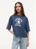 Blue Tricou Din Jersey Spalat Cu Croiala Lejera Si Broderie Pe Guler  Femei