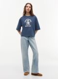 Blue Tricou Din Jersey Spalat Cu Croiala Lejera Si Broderie Pe Guler  Femei