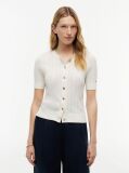 Beige Pointelle Gold-Tone Button Short Sleeve Cardigan  Women