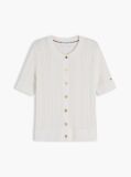 Beige Pointelle Gold-Tone Button Short Sleeve Cardigan  Women