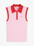 Pink Cable Knit Slim Sleeveless Polo Jumper  Women