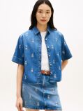 Blue Relaxed Fit Embroidery Short Sleeve Denim Shirt  Women