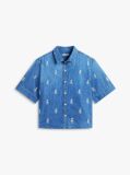 Blue Relaxed Fit Embroidery Short Sleeve Denim Shirt  Women