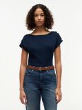 Blue Gold-Tone Button Boat Neck T-Shirt  Women