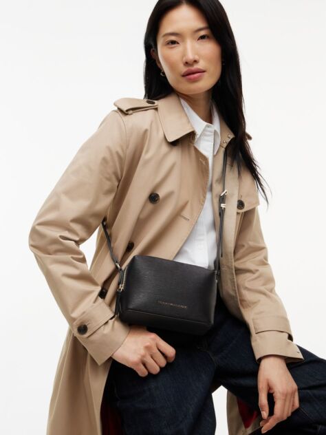 Black Modern Metallic Logo Textured Camera Bag  Women