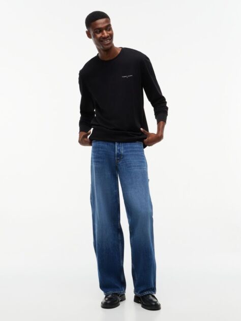 Negru Tricou Slim Cu Maneca Lunga Si Logo Liniar  Barbati