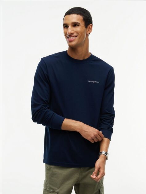 Blue Tricou Slim Cu Maneca Lunga Si Logo Liniar  Barbati