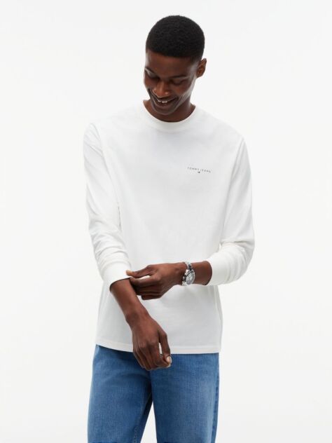 Bej Tricou Slim Cu Maneca Lunga Si Logo Liniar  Barbati