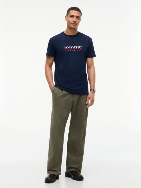 Blue Tricou Din Jersey Cu Guler Rotund Si Logo  Barbati