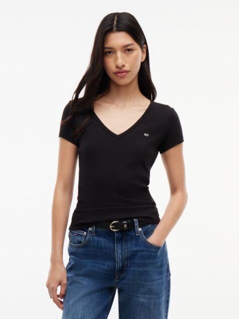 Negru Tricou Essential Slim Fit Cu Guler In V  Femei