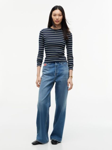 Multi Tricou Slim Cu Maneca Lunga Si Guler Riplat  Femei