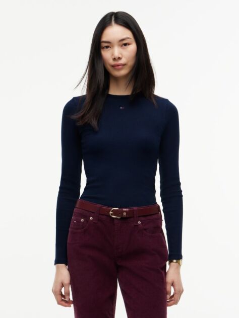 Blue Ribbed Slim Long Sleeve T-Shirt  Women