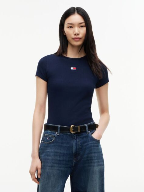 Blue TricouTommy Badge Ribbed Slim   Femei