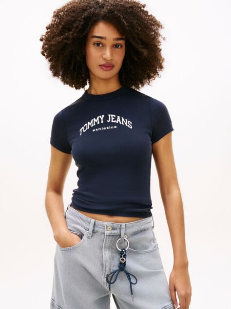 Blue Tricou Slim Cu Guler Rotund Si Logo  Femei