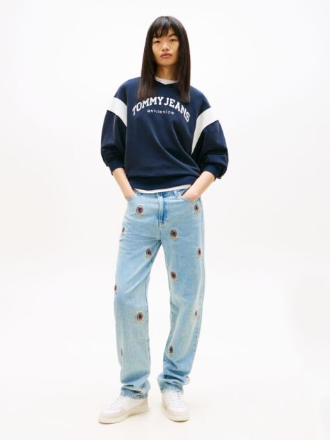 Denim Embroidery Mid Rise Slim Straight Leg Jeans  Femei