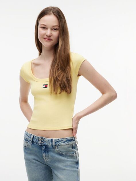 Galben Tricou Slim Cu Guler Rotund Tommy Badge  Femei